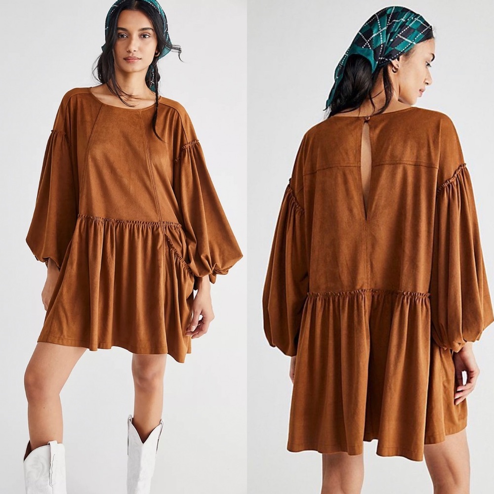FREE PEOPLE Abbie Vegan Suede Mini Dress XS Shift Ballon Sleeves Festival Brown